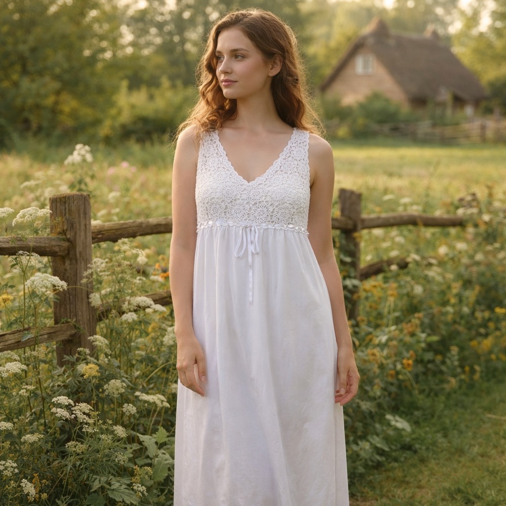 Victoriana L White Cotton Babydoll Nightgown Crochet Bodice Ribbon Cottagecore